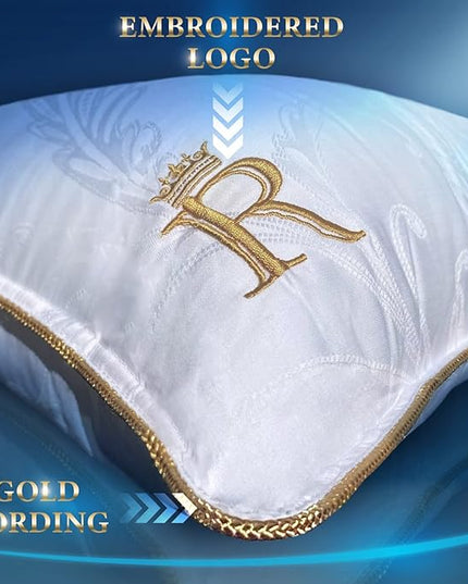Royal Therapy Pillows Queen Size Set of 2 - Cooling Pillow, Side Sleeper Pillow - Adjustable Alternative Down Pillow, Bed Pillows, Sophisticated Design & Gold Piping - LeafyLoom