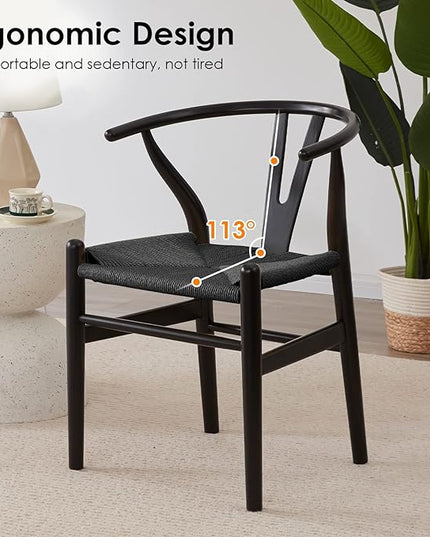 Farini Wishbone Chairs for Dining Room Solid Wood Rattan Chair Armchairs Y Shaped Backrest Hemp Seat for Home Restaurant Fully-Assembled(Set of 2,Black-Black Seat) - LeafyLoom