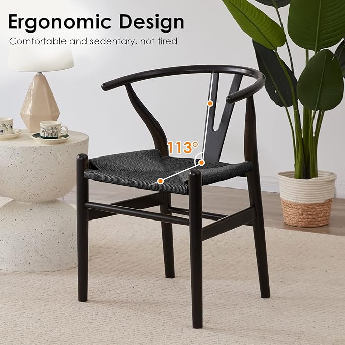 Farini Wishbone Chairs for Dining Room Solid Wood Rattan Chair Armchairs Y Shaped Backrest Hemp Seat for Home Restaurant Fully-Assembled(Set of 2,Black-Black Seat) - LeafyLoom