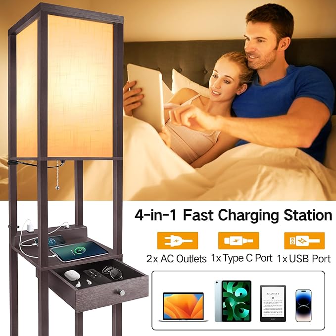 OUTON Deluxe Shelf Floor Lamp with 1 Drawer, 2 USB-C Ports, 2 AC Outlets, LED Modern Floor Lamp with 3 Color Temperature, Storage Display Wood Standing Lamp for Living Room, Bedroom, Office (Walnut) - LeafyLoom