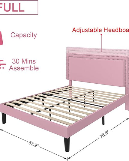 VECELO Full Size Platform Bed Frame with Height Adjustable Upholstered Headboard, Modern Mattress Foundation,Strong Wood Slat Support, No Box Spring Needed, Easy Assembly - LeafyLoom