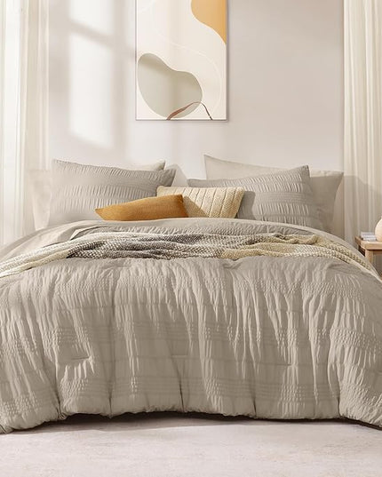 CASAAGUSTO Twin XL comforter Set, 5 Pieces Oatmeal Seersucker Bed in a Bag Twin XL Soft All Seasons, Twin Bedding Set with Comforter, Flat Sheet, Fitted Sheet, 1 Pillow Sham, 1 Pillowcase - LeafyLoom