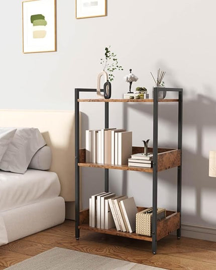 Bookshelf, 3 Tier Industrial Small Book Shelf, Small Storage Bookcase with Organizer, Freestanding Open Shelf for Small Spaces, Bedroom, Living Room, Retro Brown BS70FB - LeafyLoom