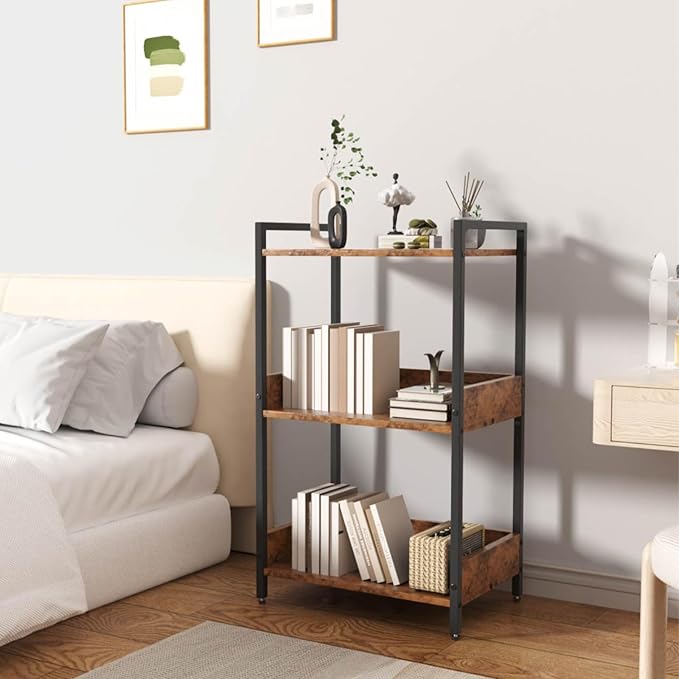 Bookshelf, 3 Tier Industrial Small Book Shelf, Small Storage Bookcase with Organizer, Freestanding Open Shelf for Small Spaces, Bedroom, Living Room, Retro Brown BS70FB - LeafyLoom