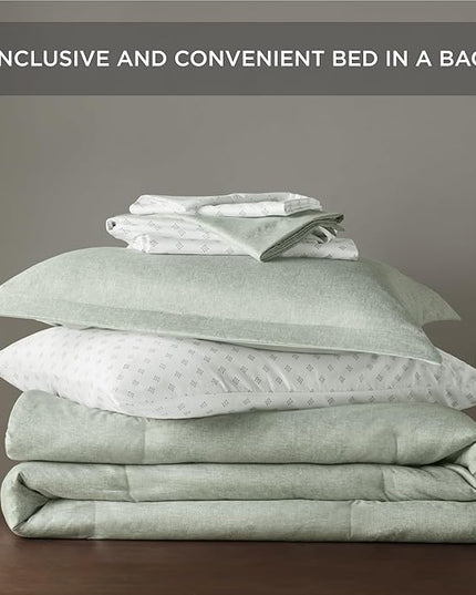 5 Pieces Twin Size Comforter Set with Sheets, Neutral Green Bed in a Bag, Modern Farmhouse Bedding Sets with Comforter, Flat & Fitted Sheet, Pillowcases & Shams - LeafyLoom