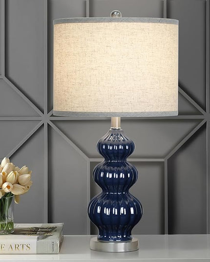 25" Ceramic Table Lamp Navy Blue Triple Gourd Ceramic Lamp Table Lamp Modern Lamp for Bedroom Living Room, 3-Way Dimmable Bulb Included (Blue) - LeafyLoom
