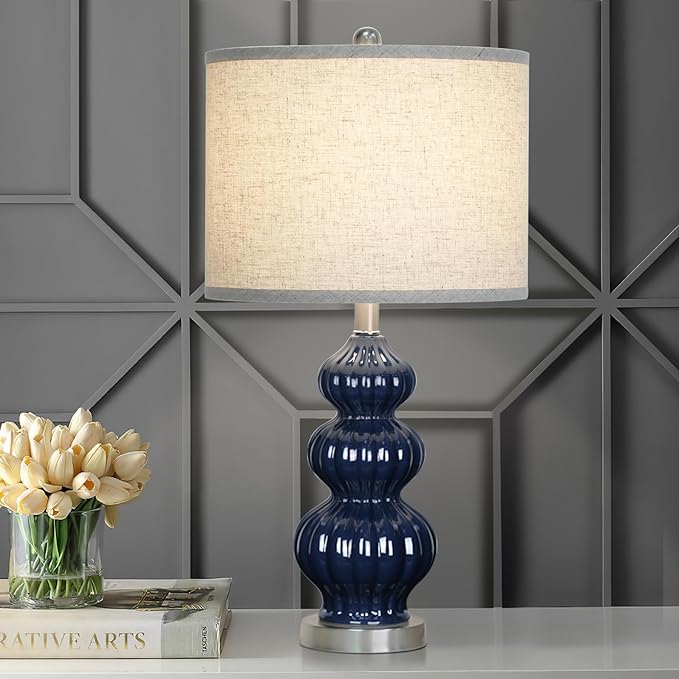 25" Ceramic Table Lamp Navy Blue Triple Gourd Ceramic Lamp Table Lamp Modern Lamp for Bedroom Living Room, 3-Way Dimmable Bulb Included (Blue) - LeafyLoom