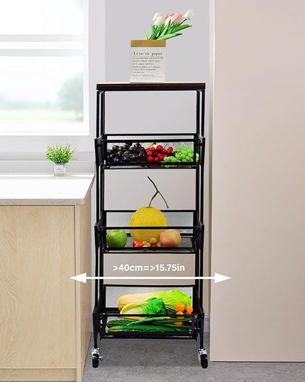 Slim Rolling Storage Cart,4 Tier Kitchen Storage Cart on Wheels,Small Metal Rolling Cart with Wooden Tabletop for Narrow Space in Kitchen,Bathroom,Laundry/Dining/Living Room,Office - LeafyLoom