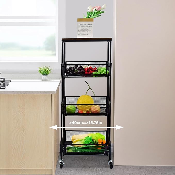 Slim Rolling Storage Cart,4 Tier Kitchen Storage Cart on Wheels,Small Metal Rolling Cart with Wooden Tabletop for Narrow Space in Kitchen,Bathroom,Laundry/Dining/Living Room,Office - LeafyLoom