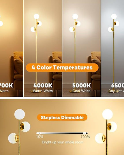 LED Floor Lamp for Living Room, 3 Globe Bright Standing Lamp with Remote, 4 Color Temterapure Dimmable Bedroom Lamp Modern Floor Lamp for Living Room Bedroom Office, 30W, 2700-6500K, Gold - LeafyLoom