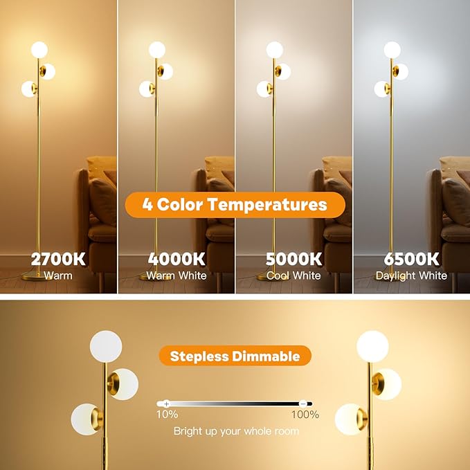 LED Floor Lamp for Living Room, 3 Globe Bright Standing Lamp with Remote, 4 Color Temterapure Dimmable Bedroom Lamp Modern Floor Lamp for Living Room Bedroom Office, 30W, 2700-6500K, Gold - LeafyLoom