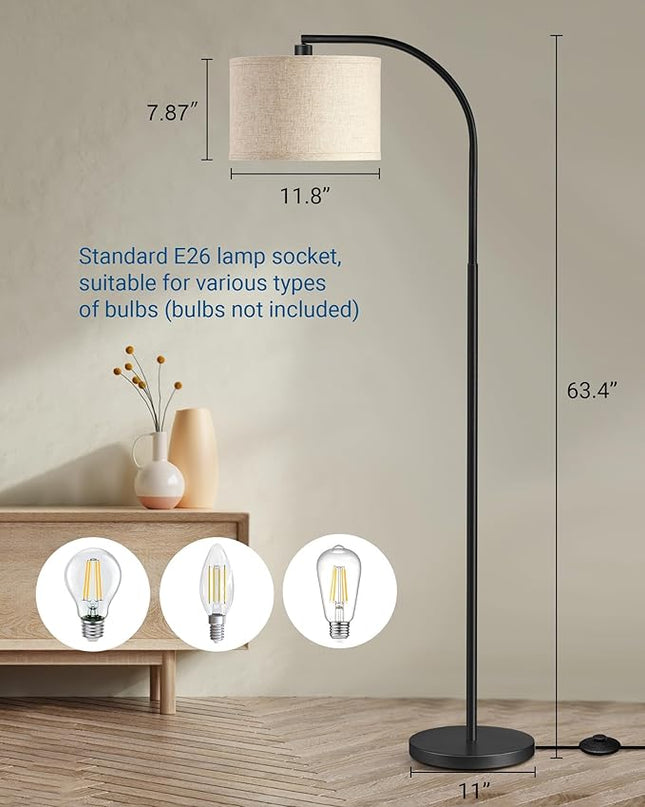 DEWENWILS Black Arched Floor Lamp, Standing Lamp Tall Industrial Floor Lamp with Linen Shade, Reading Light for Living Room, Bedroom, Office, Simple Design Farmhouse Style - LeafyLoom
