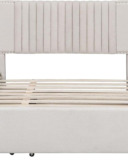 Full Size Linen Upholstered Platform Bed with 2 Drawers and Twin Size Trundle,Solid Wood Bed Frame w/Classic Headboard Design,for Bedroom,Apartment,Living Room,Beige - LeafyLoom