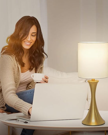Gold Bedside Lamp Touch Control Table Lamp for Bedroom, 3-Way Dimmable Nightstand Lamp with White Shade, Modern Table Lamp for Living Room, Minimalist Desk Lamp for Dorm, Home, Office, Bulb Included - LeafyLoom
