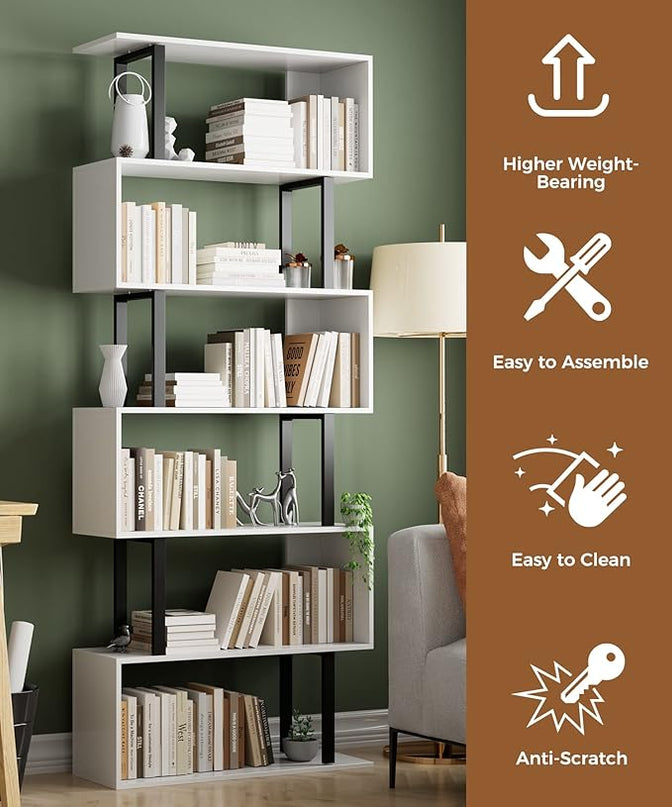 Gadroad 6 Tier Geometric Bookcase,S Shaped Bookshelf, Wood Decorative Storage Shelving, Modern Freestanding Display Shelves, Tall Book Shelf Unit for Living Room Bedroom, White - LeafyLoom