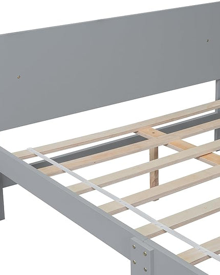 Full Bed with Footboard Bench, Full Kid Bed with Headboard, Wood Slat Support, Cute Kid Bed Frame with Book Storage Space, Full Car Bed for Boys Girls Bedroom, No Box Spring Needed, Grey - LeafyLoom