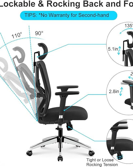 Ticova Ergonomic Office Chair - High Back Desk Chair with Adjustable Lumbar Support & 3D Metal Armrest - 130°Reclining & Rocking Mesh Computer Chair with Thick Seat Cushion & Rotatable Headrest - LeafyLoom