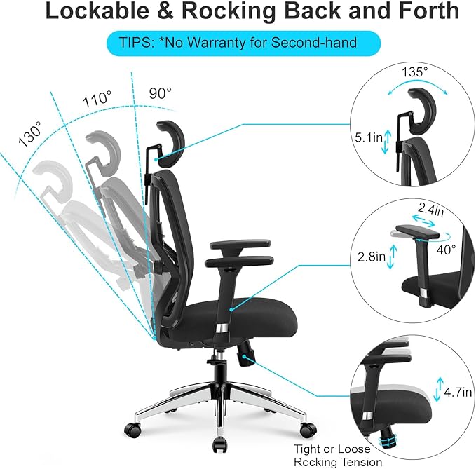 Ticova Ergonomic Office Chair - High Back Desk Chair with Adjustable Lumbar Support & 3D Metal Armrest - 130°Reclining & Rocking Mesh Computer Chair with Thick Seat Cushion & Rotatable Headrest - LeafyLoom