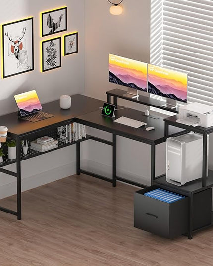 GreenForest 69 inch L Shaped Computer Desk with Drawers and Printer Stand, Gaming Desk with Power Outlet, Monitor Shelf, Storage Shelves and Hooks for Home Office Working, Writing, Studying, Black - LeafyLoom