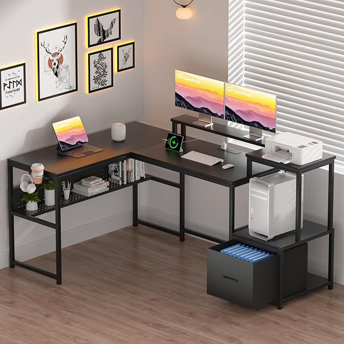 GreenForest 69 inch L Shaped Computer Desk with Drawers and Printer Stand, Gaming Desk with Power Outlet, Monitor Shelf, Storage Shelves and Hooks for Home Office Working, Writing, Studying, Black - LeafyLoom