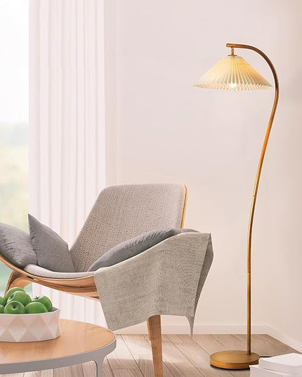 Globe Electric Novogratz x 61000043 Novogratz x Globe 62" Floor Lamp, Faux Wood Finish, White Pleated Fabric Shade, Pivot Joint on Shade, in -Line On/Off Foot Switch, Black Cord, Reading Lamp - LeafyLoom