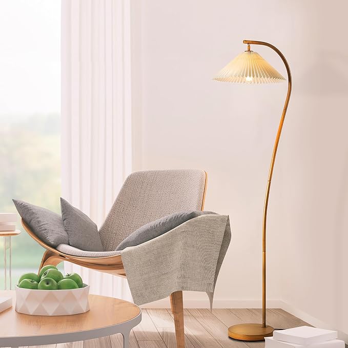 Globe Electric Novogratz x 61000043 Novogratz x Globe 62" Floor Lamp, Faux Wood Finish, White Pleated Fabric Shade, Pivot Joint on Shade, in -Line On/Off Foot Switch, Black Cord, Reading Lamp - LeafyLoom