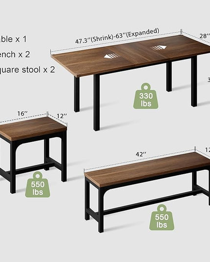 Feonase 5-Piece Dining Table Set for 4-8 People, 63" Extendable Kitchen Table Set with 2 Benches and 2 Square Stools, Dining Room Table with Heavy-Duty Frame, Easy Assembly, Walnut - LeafyLoom