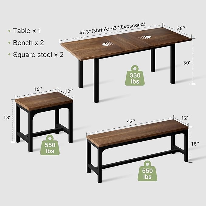 Feonase 5-Piece Dining Table Set for 4-8 People, 63" Extendable Kitchen Table Set with 2 Benches and 2 Square Stools, Dining Room Table with Heavy-Duty Frame, Easy Assembly, Walnut - LeafyLoom