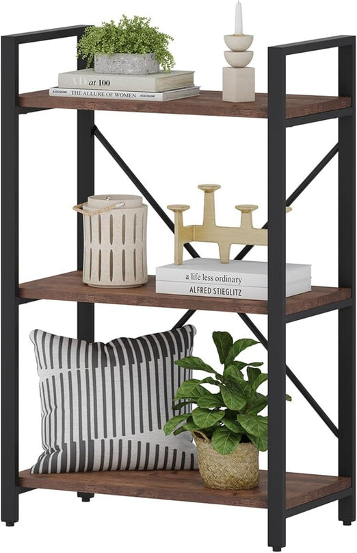 BON AUGURE 3 Tier Industrial Bookshelf, Office Small Open Book Shelf for Small Space, Short Wooden Etagere Bookcase (Rustic Oak) - LeafyLoom