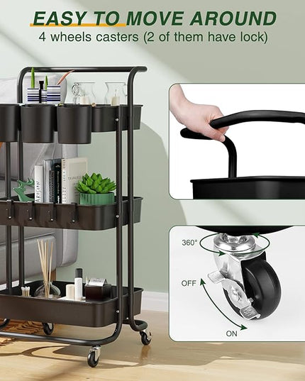 LEHOM 3-Tier Rolling Mobile Utility Cart with Hanging Cups & Hooks & Handle Multifunctional Organizer Storage Trolley Service Cart with Wheels Easy Assembly for Office, Bathroom, Kitchen (Black) - LeafyLoom