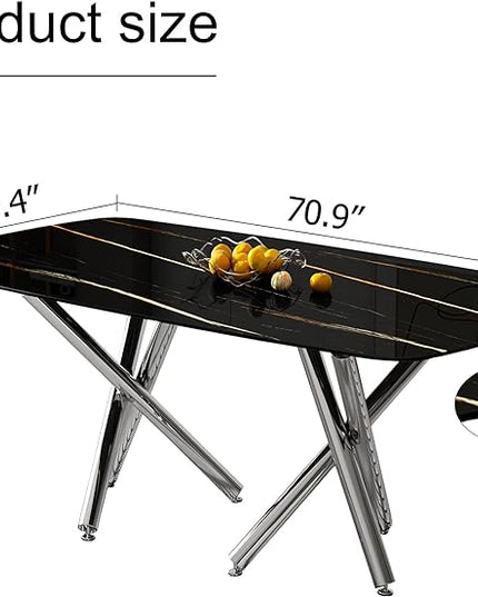 NicBex Large Modern Minimalist Rectangular Dining Table with 0.39 "Imitation Marble Black Tabletop and Silver Metal Legs for Kitchens, Living Rooms, Conference Rooms, and Banquet Halls, Black - LeafyLoom