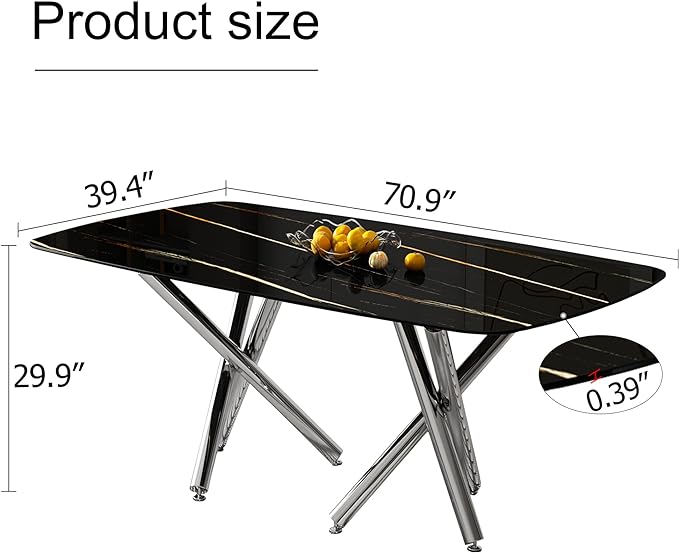 NicBex Large Modern Minimalist Rectangular Dining Table with 0.39 "Imitation Marble Black Tabletop and Silver Metal Legs for Kitchens, Living Rooms, Conference Rooms, and Banquet Halls, Black - LeafyLoom