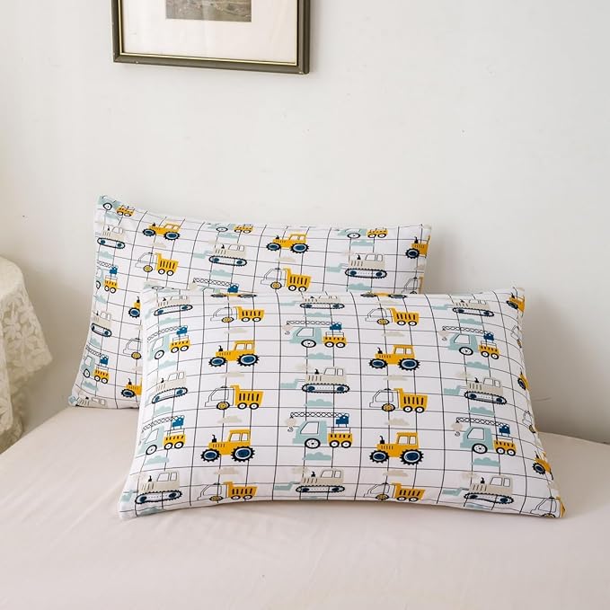 Feelyou Construction Truck Comforter Set Queen Size Kids Machinery Truck Excavators Vehicles Comforter for Boys Teens Cartoon Tractor Bedding Set Excavator Tractor Plaid Grid White Duvet Set Quilt Set - LeafyLoom