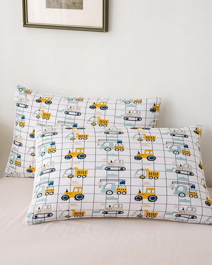 Feelyou Construction Truck Comforter Set King Size Kids Machinery Truck Excavators Vehicles Comforter for Boys Teens Cartoon Tractor Bedding Set Excavator Tractor Plaid Grid White Duvet Set Quilt Set - LeafyLoom