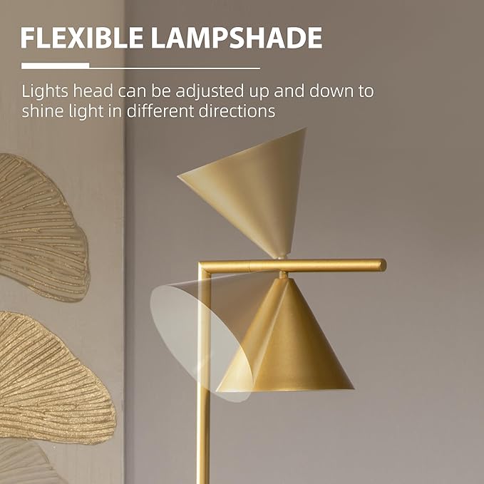 HOMCOM Modern Floor Lamps for Living Room Lighting, Adjustable Standing Lamp for Bedroom Lighting with Rotating Head, Bedside Lamp for Ambient Lighting, (Bulb not Included), Gold - LeafyLoom