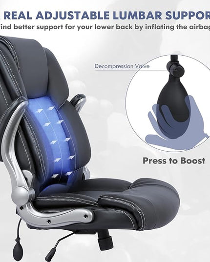 COLAMY High Back Executive Office Chair- Ergonomic Home Computer Desk Leather Chair with Padded Flip-up Arms, Adjustable Tilt Lock, Swivel Rolling Chair for Adult Working Study-Black - LeafyLoom