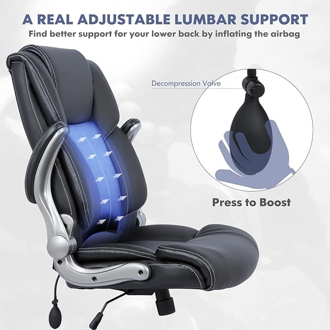 COLAMY High Back Executive Office Chair- Ergonomic Home Computer Desk Leather Chair with Padded Flip-up Arms, Adjustable Tilt Lock, Swivel Rolling Chair for Adult Working Study-Black - LeafyLoom
