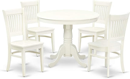 East West Furniture ANVA5-LWH-W 5 Piece Kitchen Table Set for 4 Includes a Round Dining Room Table with Pedestal and 4 Solid Wood Seat Chairs, 36x36 Inch, Linen White - LeafyLoom