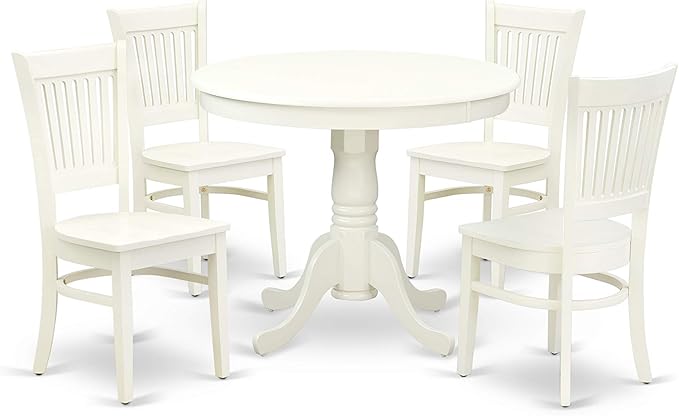 East West Furniture ANVA5-LWH-W 5 Piece Kitchen Table Set for 4 Includes a Round Dining Room Table with Pedestal and 4 Solid Wood Seat Chairs, 36x36 Inch, Linen White - LeafyLoom