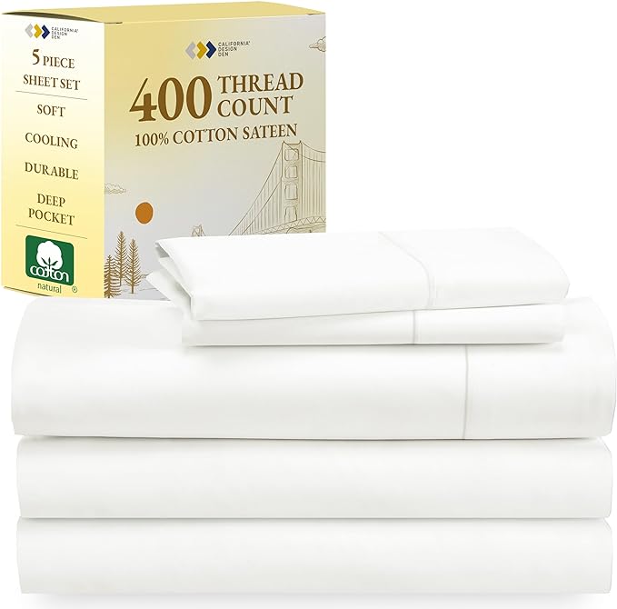 Split King Sheets for Adjustable Bed, Soft 100% Cotton Sheets, 400 Thread Count Sateen, 5 Pc Set With 2 Twin-XL Fitted Sheets, Deep Pocket Sheets, Cooling Sheets, Beats Egyptian Cotton Claims (Ivory) - LeafyLoom
