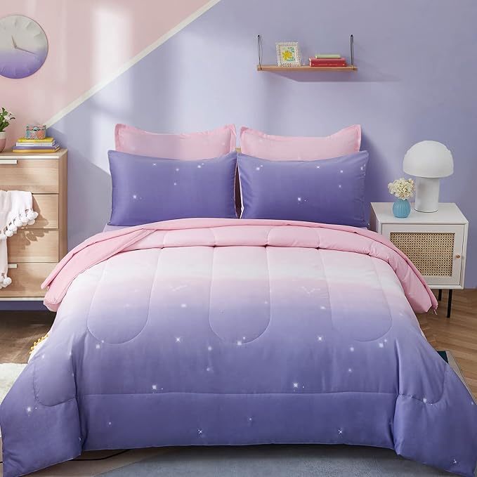 Dinjoy Girls Women Comforter Set King Size Ombre Pink Purple Rainbow Bedding Set 7 Pieces Bed in A Bag for Teen Adult (1 Comforter, 1 Flat Sheet, 1 Fitted Sheet, Pillow shams & Pillowcases) - LeafyLoom