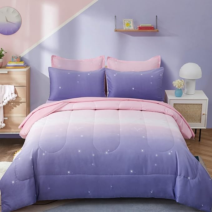 Girls Comforter Set Queen Size 7 Pieces Bed in A Bag Ombre Pink Purple Rainbow Bedding Set Collections for Teen Women (1 Comforter, 1 Flat Sheet, 1 Fitted Sheet, 2 Pillow shams, 2 Pillowcases) - LeafyLoom