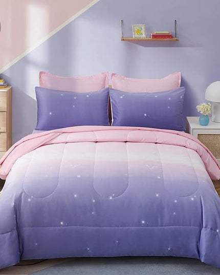 Girls Comforter Set Twin Size 6 Pieces Bed in A Bag Colorful Ombre Pink Purple Rainbow Bedding Set for Kids Teen (1 Comforter, 1 Flat Sheet, 1 Fitted Sheet, 1 Pillow sham, 2 Pillowcases) - LeafyLoom