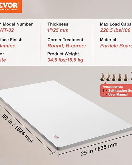 VEVOR One-Piece Particle Board Desktop Universal Tabletop, 60" x 25" x 1", White - LeafyLoom