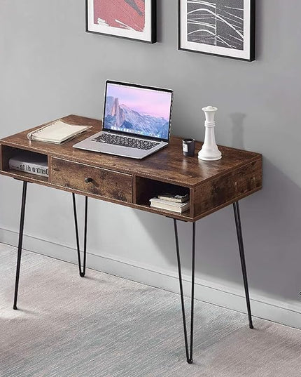 VECELO 39.3" Home Office Work Table with Drawers Computer Desk Writing/Study, 39 Inch Hairpin Legs, Rustic Brown - LeafyLoom
