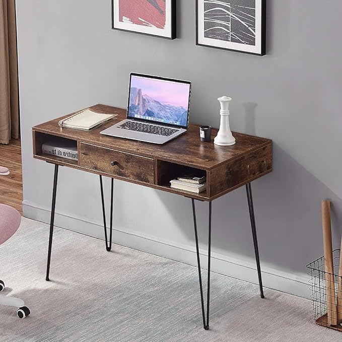 VECELO 39.3" Home Office Work Table with Drawers Computer Desk Writing/Study, 39 Inch Hairpin Legs, Rustic Brown - LeafyLoom