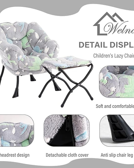 Welnow Toddler Kids Lazy Chair with Ottoman, Glow in The Dark Accent Comfy Lounge Children Armchair Couch with Removable Cover, Detachable Reading Chair with Footrest for Boy or Girl, Grey Dinosaur - LeafyLoom