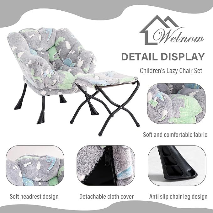 Welnow Toddler Kids Lazy Chair with Ottoman, Glow in The Dark Accent Comfy Lounge Children Armchair Couch with Removable Cover, Detachable Reading Chair with Footrest for Boy or Girl, Grey Dinosaur - LeafyLoom