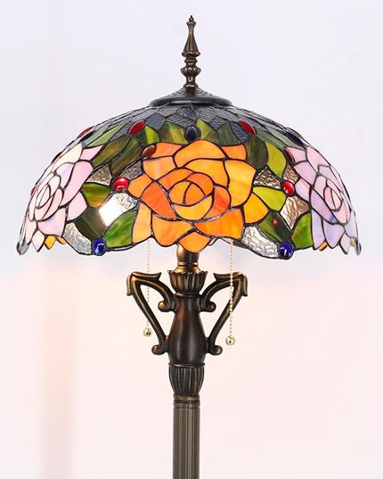 Tiffany Floor Lamp Stained Glass Standing Reading Light 16X16X66 Inch - Orange Red Rose - LeafyLoom