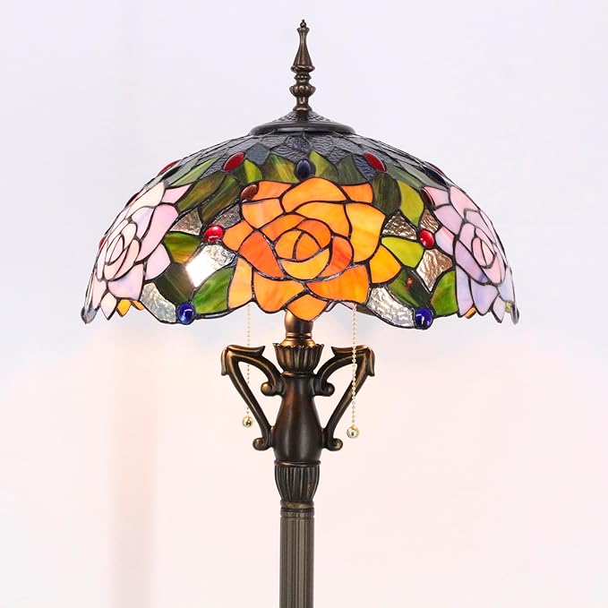 Tiffany Floor Lamp Stained Glass Standing Reading Light 16X16X66 Inch - Orange Red Rose - LeafyLoom
